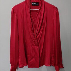 Vintage Peter Nygard 100% Silk Red Plunge Neck Blouse Sz 8